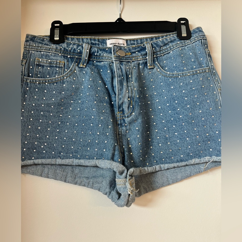 superdown Light Blue Denim Shorts with Silver Studs